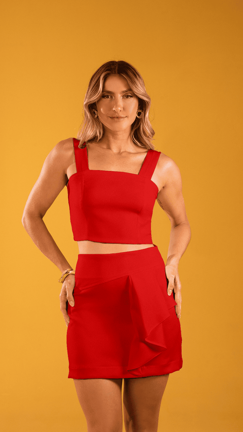 Conjunto Cropped Vermelho e Saia com Babado Lateral