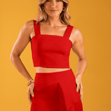 Conjunto Cropped Vermelho e Saia com Babado Lateral