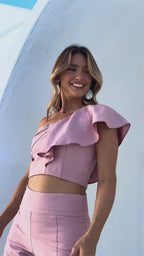 Conjunto Cropped Babado e Short Cintura Alta Femino